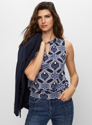 Abstract Floral Print Banded Top, Blue Pattern