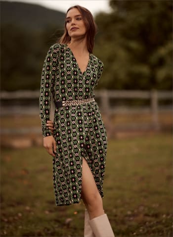 Retro Geometric Print Dress, Green
