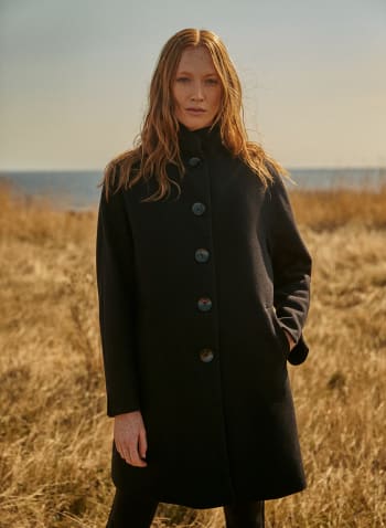 High Collar Wool Blend Coat, Black