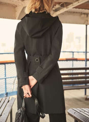 Belted Zip Front Raincoat, Black