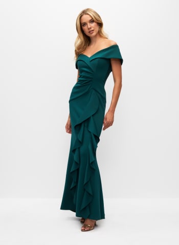 Off The Shoulder Ruffle Gown, Green