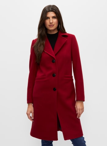 Stretch Wool Blend Long Coat, Red