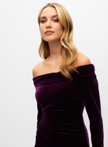 Stretch Velvet Off-the-Shoulder Dress, Purple