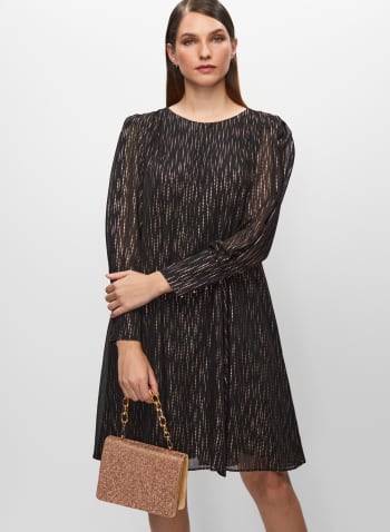 Belted Metallic Print Dress, Black Pattern