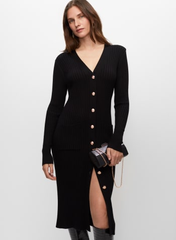 Button-Front Ribbed Midi Dress, Black