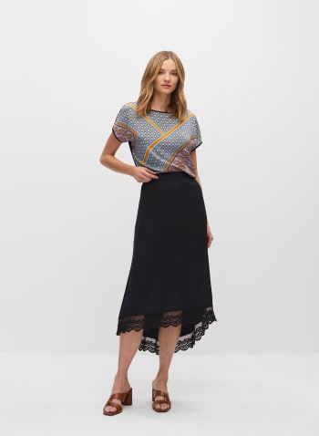 Lace Trim Asymmetric Pull-On Skirt, Black