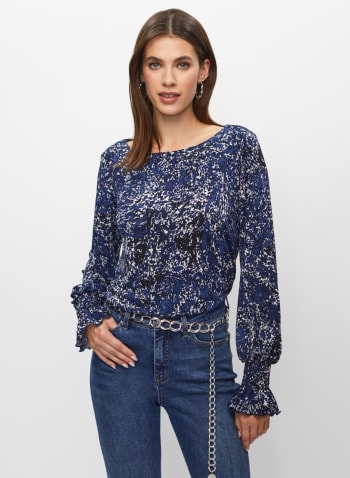 Smocked Abstract Print Top, Blue Pattern
