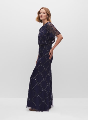 Adrianna Papell - Beaded Mesh Gown, Blue