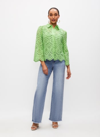 Eyelet Button Front Blouse, Light Green