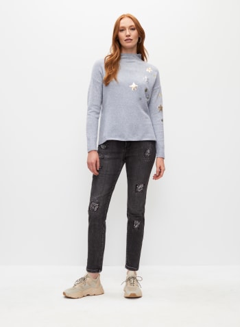 High-Low Star Detail Sweater, Silver Mist Mix