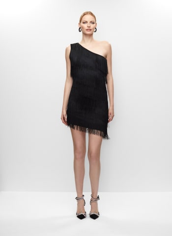 One-Shoulder Tiered Fringe Dress, Black
