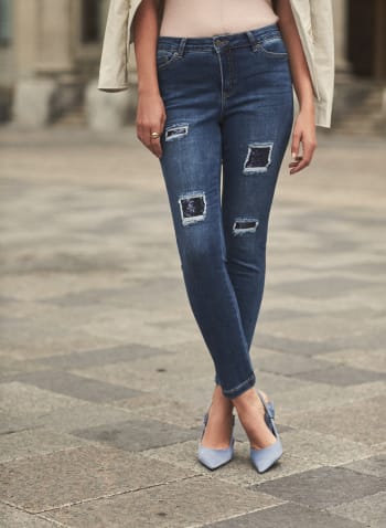 Sequin Patch Detail Jeans, Blueberry