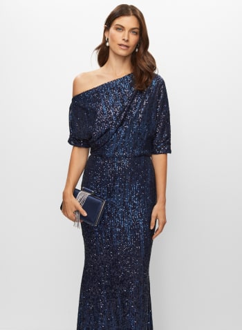 Off-Shoulder Sequin Gown, Heather Blue