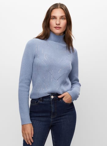 Bead Detail Mock Neck Sweater, Steel Blue