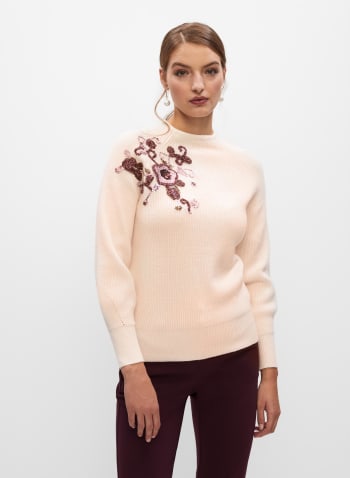 Floral Appliqué Crewneck Sweater, Panna