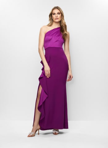 Adrianna Papell - Satin Bodice One-Shoulder Gown, Very Berry 