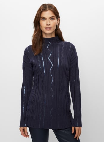 Cable Knit Sequin Tunic Sweater, Peacock