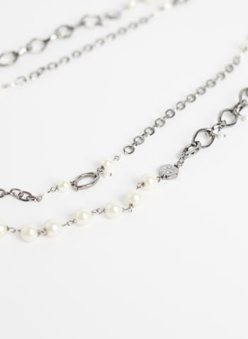 Collier à double rang en chaîne et perles, Blanc perle