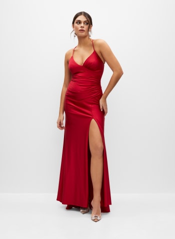 Ruched V-Neck High Slit Gown, Red