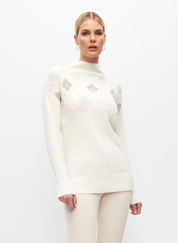Stone Detail Funnel Neck Sweater, Off White
