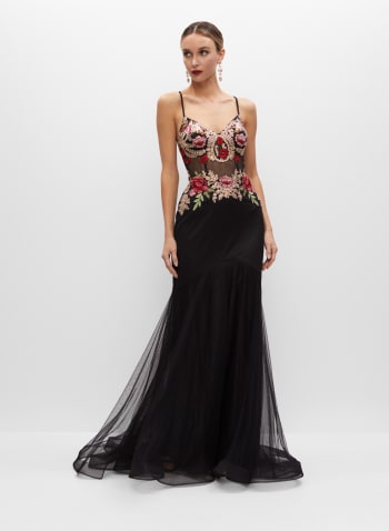 Embroidered Corset Detail Gown, Black Pattern