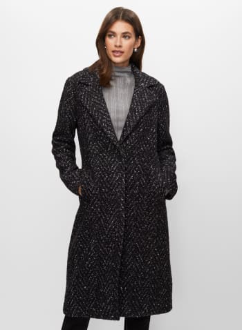 Mixed Herringbone Wool Coat, Black Pattern