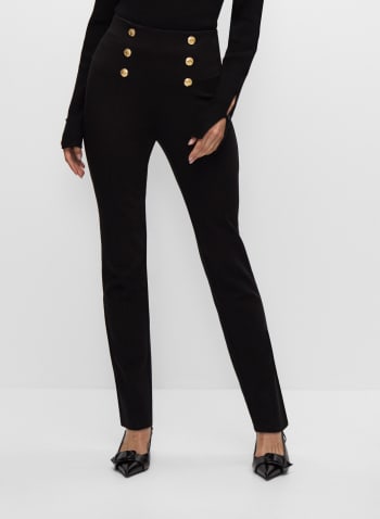 Pull-On Button Detail Pants, Black