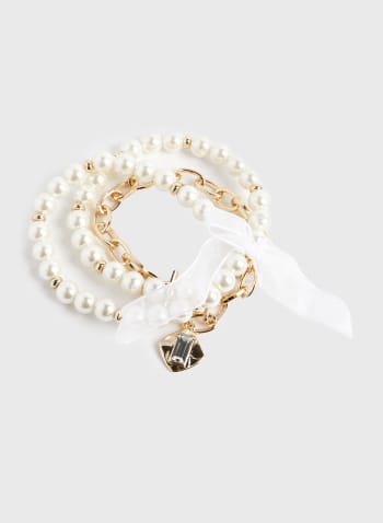 Bracelet trois rangs à perles et maillons, Blanc perle