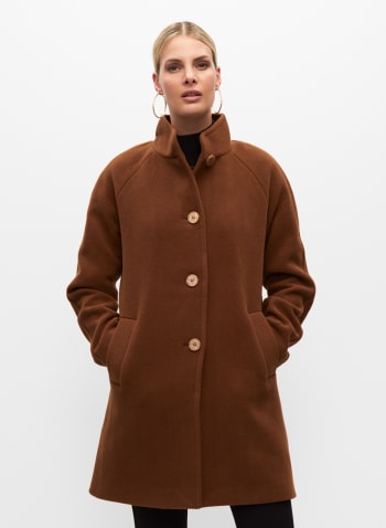Button Front Wool Blend Coat, Brown