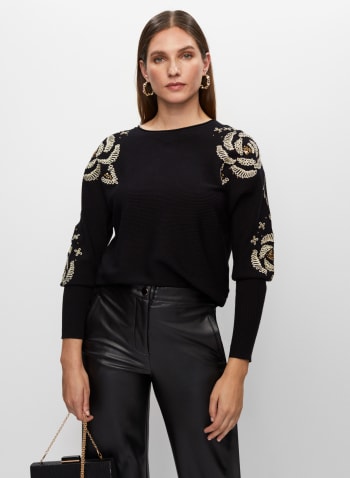 Embroidered Dolman Sleeve Sweater, Black