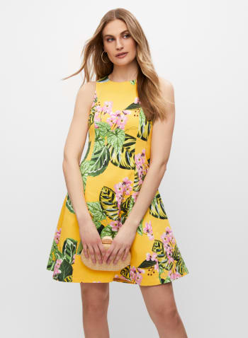 Botanical Floral Sleeveless Dress, Yellow Pattern