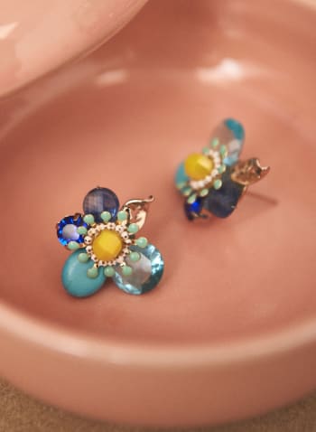 Boucles d'oreilles fleur à pierres et perles, Bleu