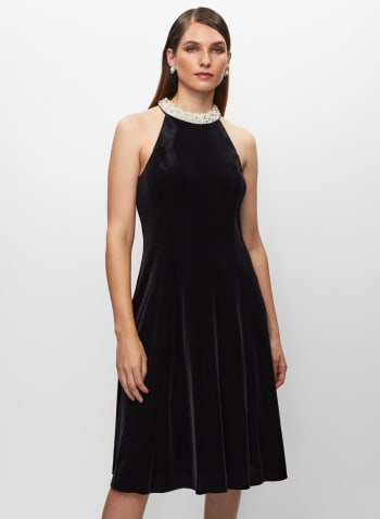 Adrianna Papell - Velvet Pearl Neck Dress, Black