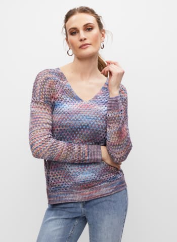V-Neck Open Weave Sweater, Multicolour