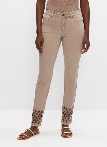 Embellished Cutout Detail Jeans, Champagne 