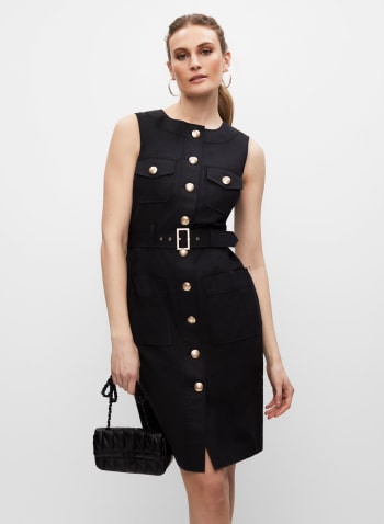 Button-Down Belted Dress, Black