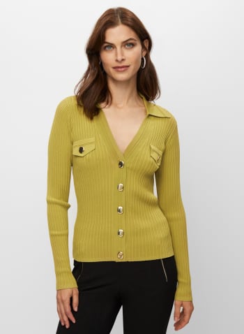 Gold Button Rib Knit Top, Lime Green