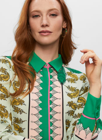 Mixed Print Button Front Blouse, Green Pattern