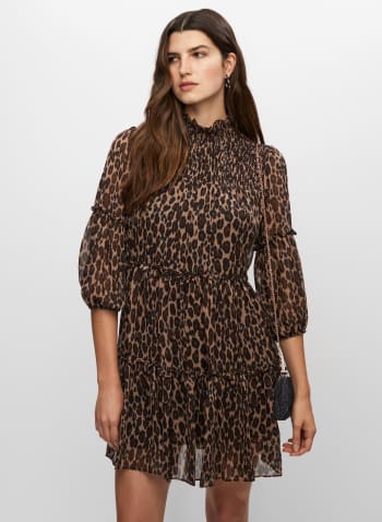 Leopard Print Tiered Dress, Black Pattern