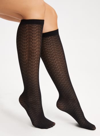 Mura - Embroidered Knee-High Socks, Black