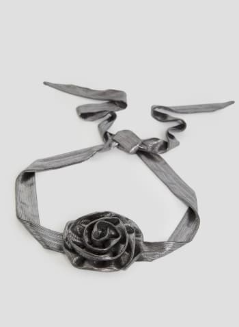 Metallic Rosette Tie Belt, Silver