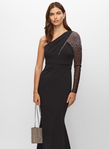 One Shoulder Beaded Gown, Black