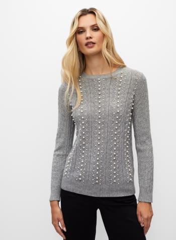 Pearl Detail Pointelle Sweater, Grey