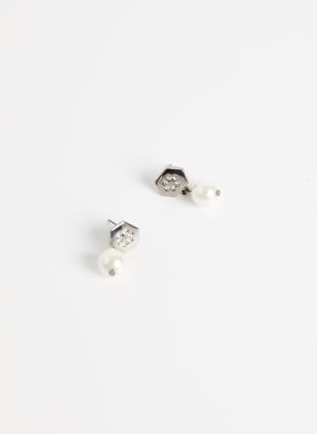 Boucles d'oreilles pendantes à perle et cristaux, Blanc cassé
