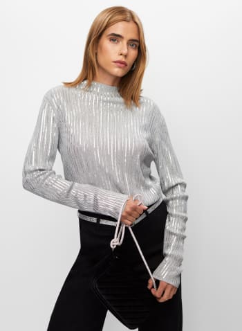 Sequin Rib Knit Sweater, Silver Dime