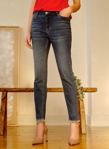 Embellished Slim Leg Jeans, Blue