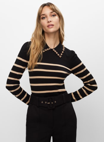 Pearl Detail Striped Sweater, Black Pattern