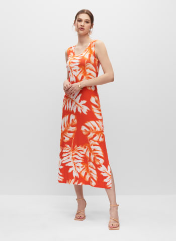 Palm Leaf Print Jersey Dress, Orange Pattern