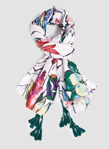 Foulard léger à pompons et motif floral, Multi