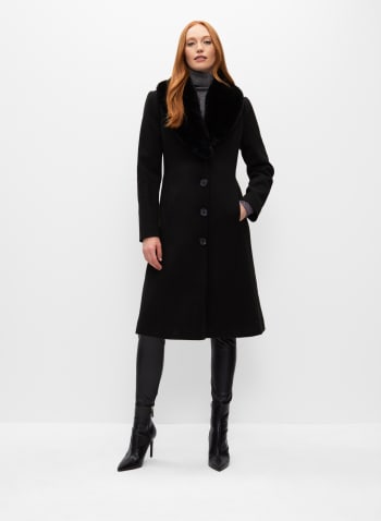 Faux Fur Stretch Wool Blend Coat, Black